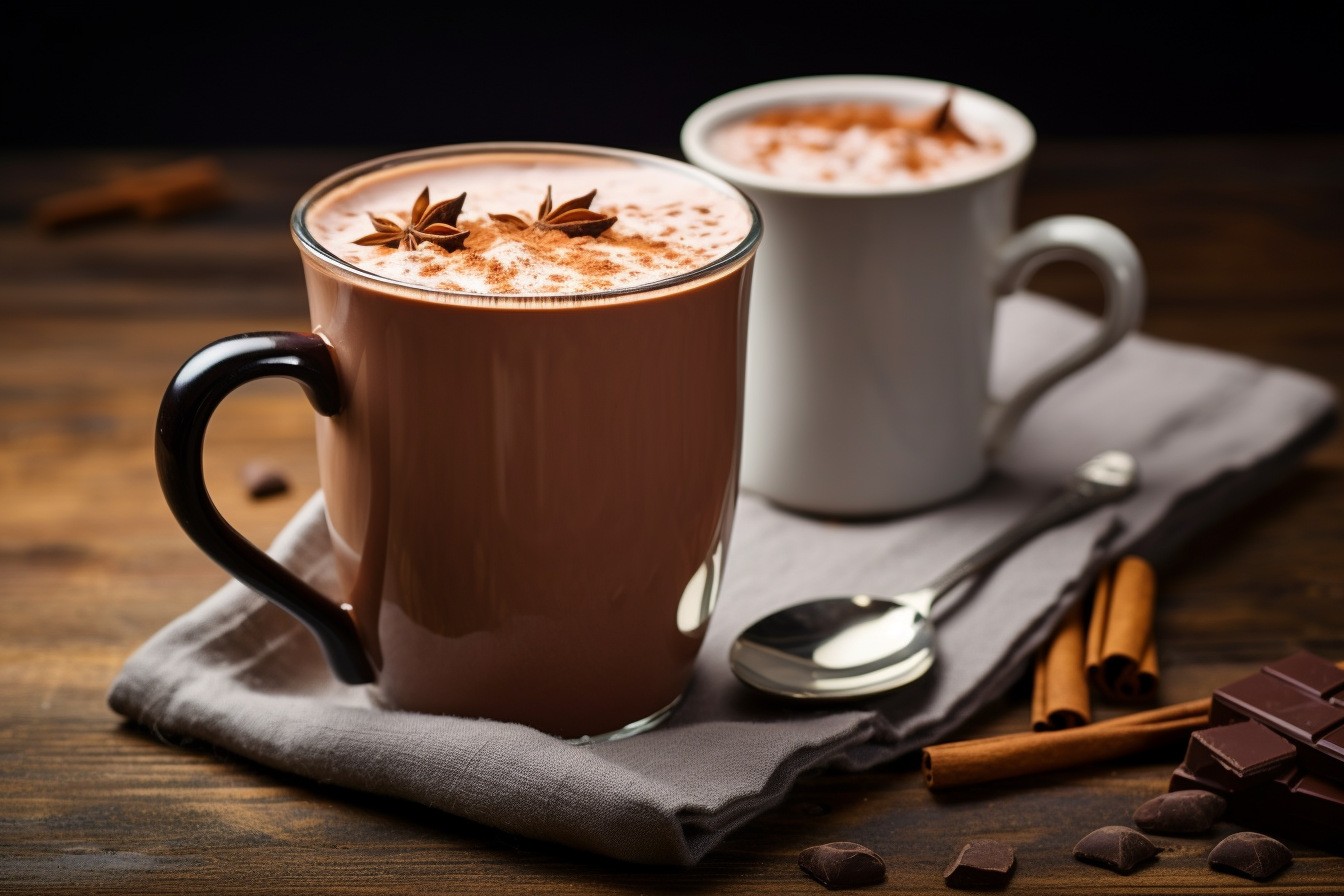 deux tasses de chocolat chaud avec carrés de chocolat