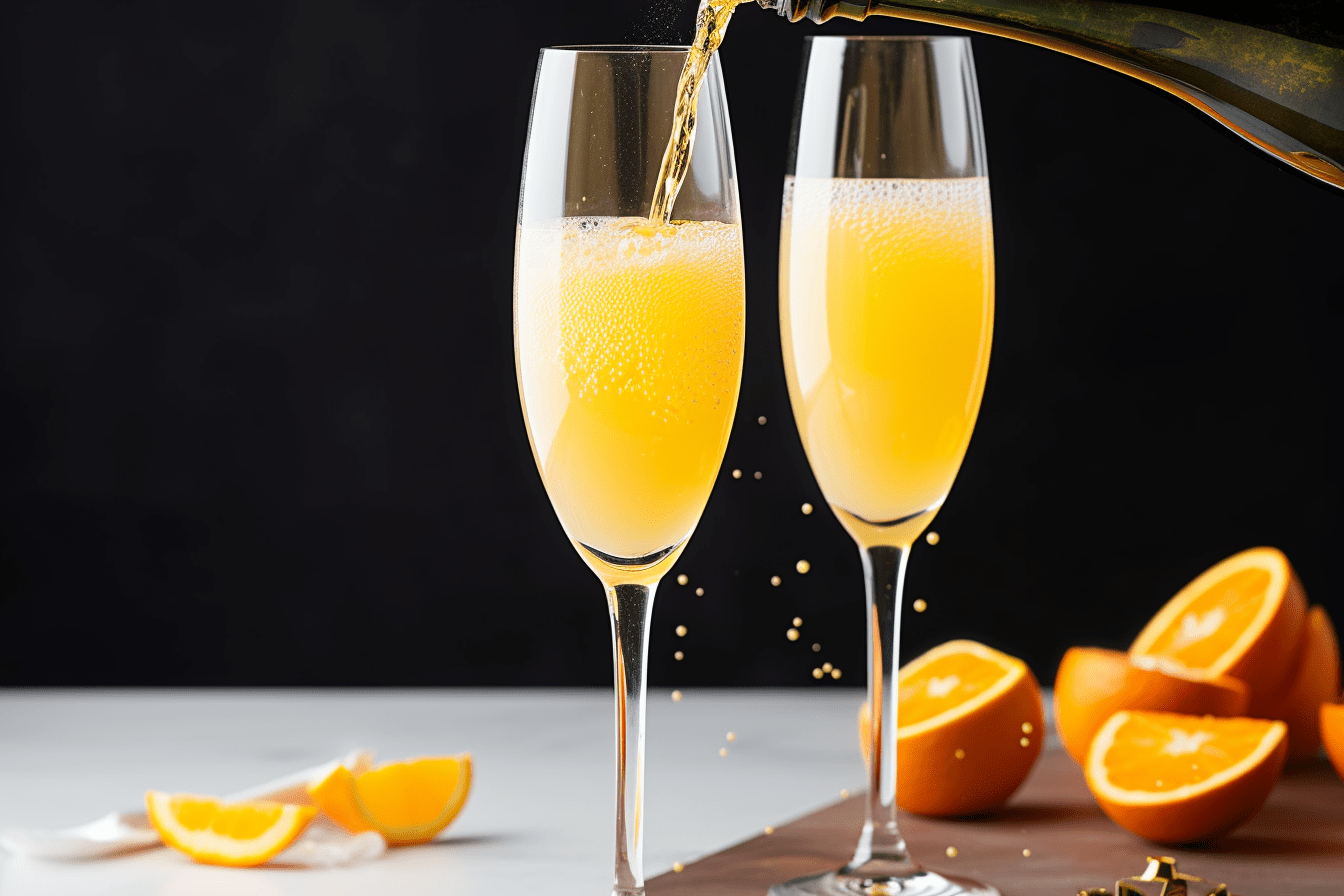 cocktail mimosa avec champagne versé dans un verre