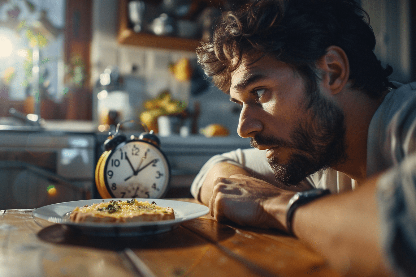 homme regardant un plat avec réveil à côté