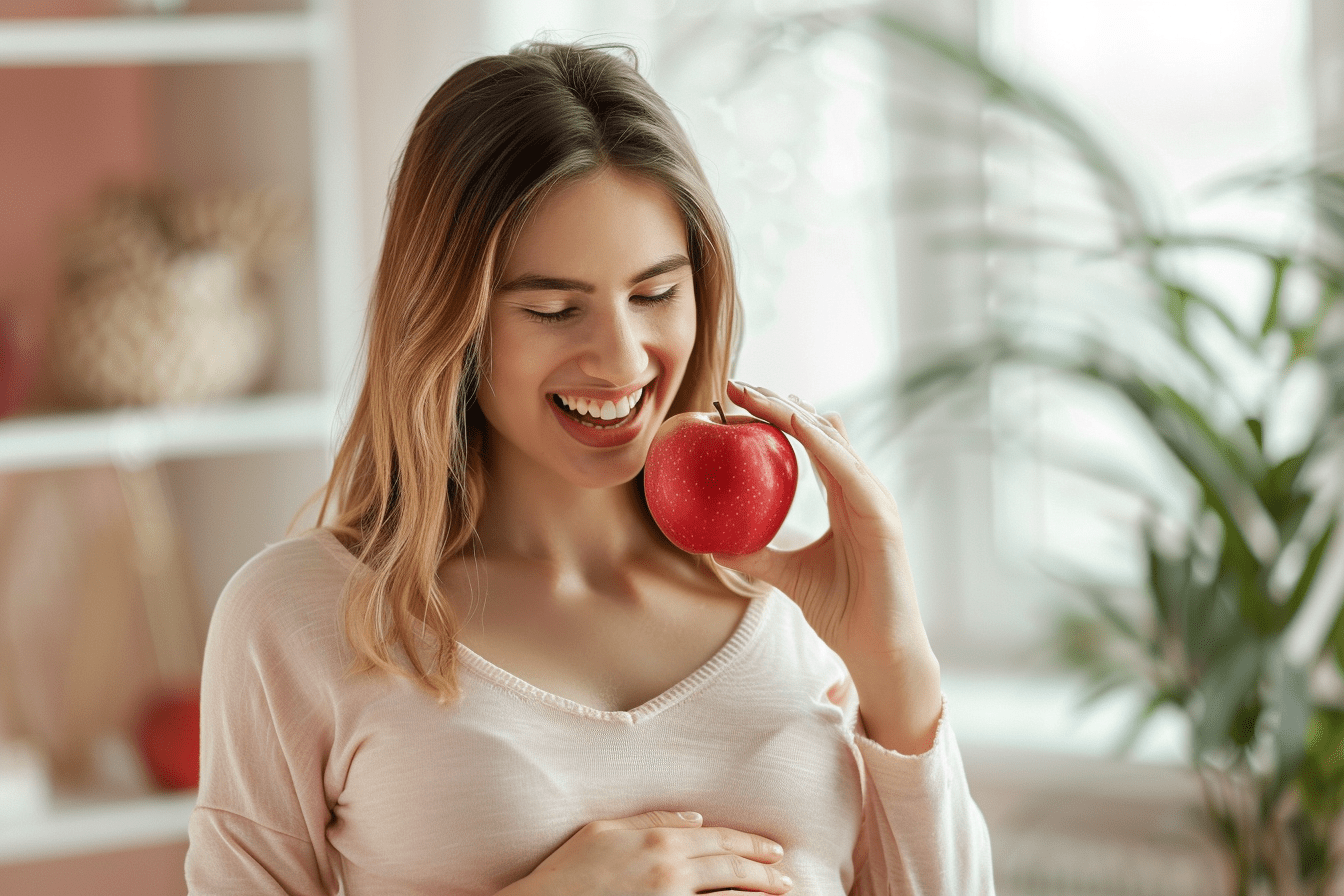 femme avec pomme rouge