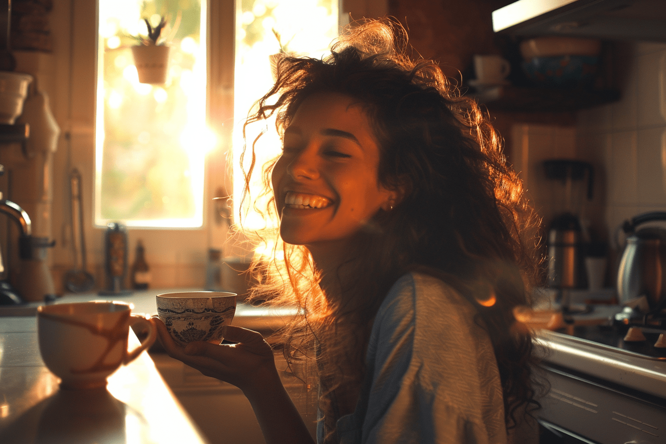 femme prenant un café avec un sourire et dents blanches